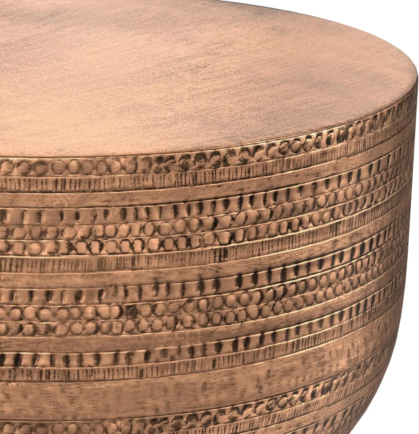 Johnsen 30-inch Wide Metal Drum Coffee Table in Antique Copper, Boho-Style Cocktail Table for Living Room or Family R