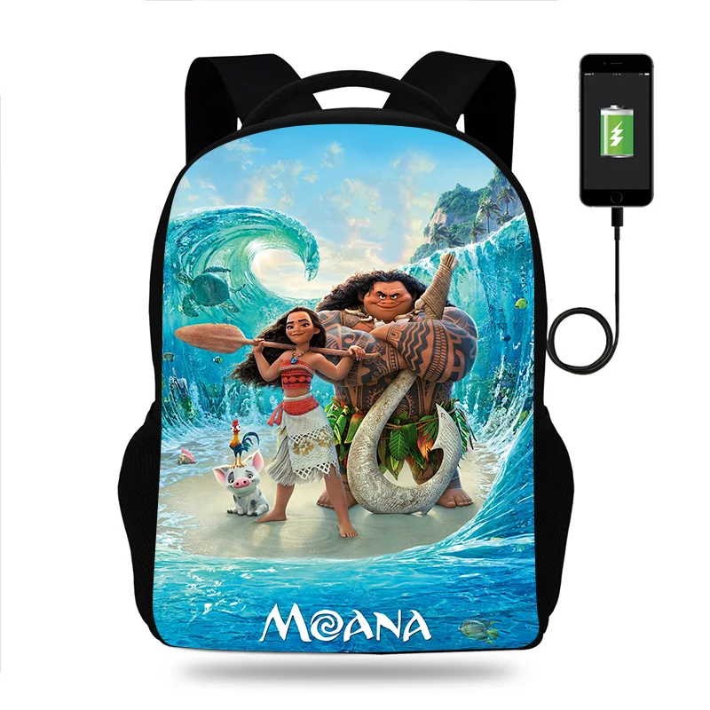 Moana Cartoon Rucksack Junge Mädchen Teenager Schult asche USB Aufladen tägliche Reise große Kapazität Rucksack Mochila