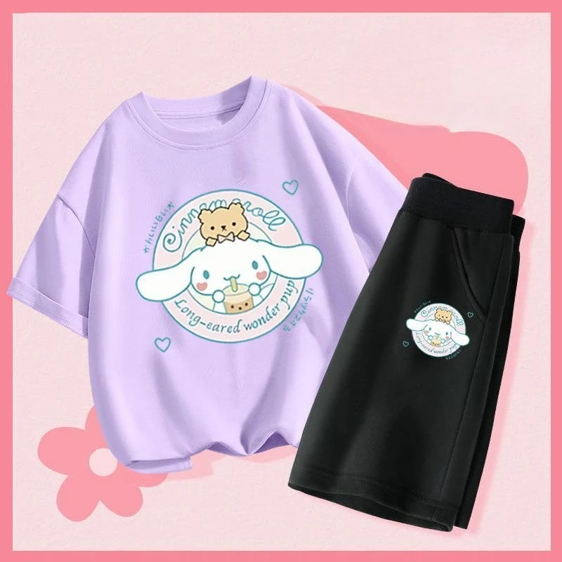 

Sanrio Summer Baby Girls Cotton Clothes Set Kid Cinnamoroll Printed T-shirts Top and Shorts Suit Children Short Sleeve Outfits