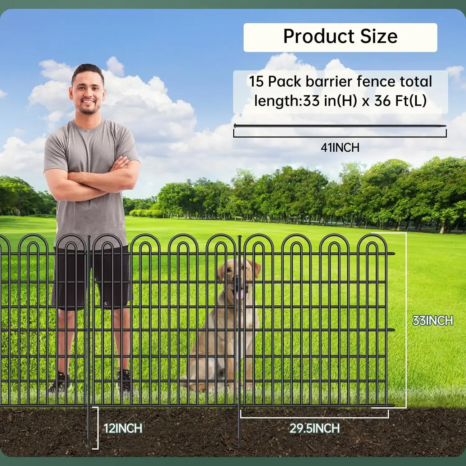 15 Panels Tall Garden Animal Barrier Fence with Gate, 33 in(H) X 36.8 ft(L) No Dig Decorative Garden Fence Outdoor for Yard, Hea