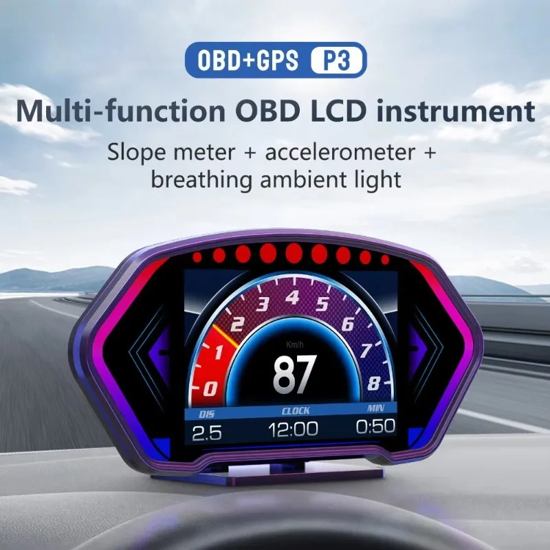 Customized P3 HUD OBD2 GPS Car Head Up Display Windshield Car Speedometer Slope Gauge Overspeed Temp Voltage RPM Security Alarm