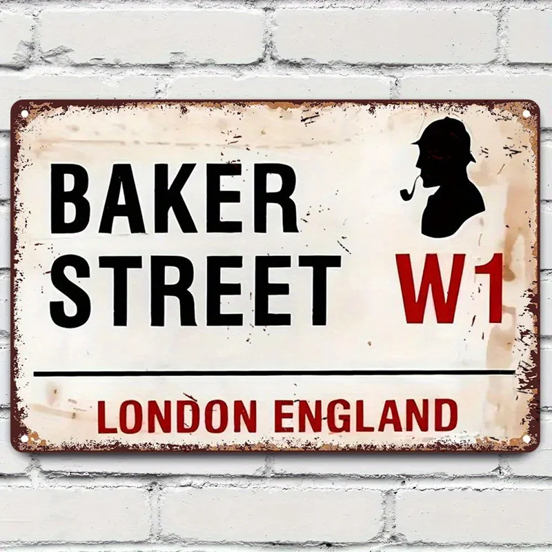 Vintage Baker Street London England Retro Metal Tin Sign, Sherlock Holmes Street Sign Wall Decor for Man Cave Bar Home
