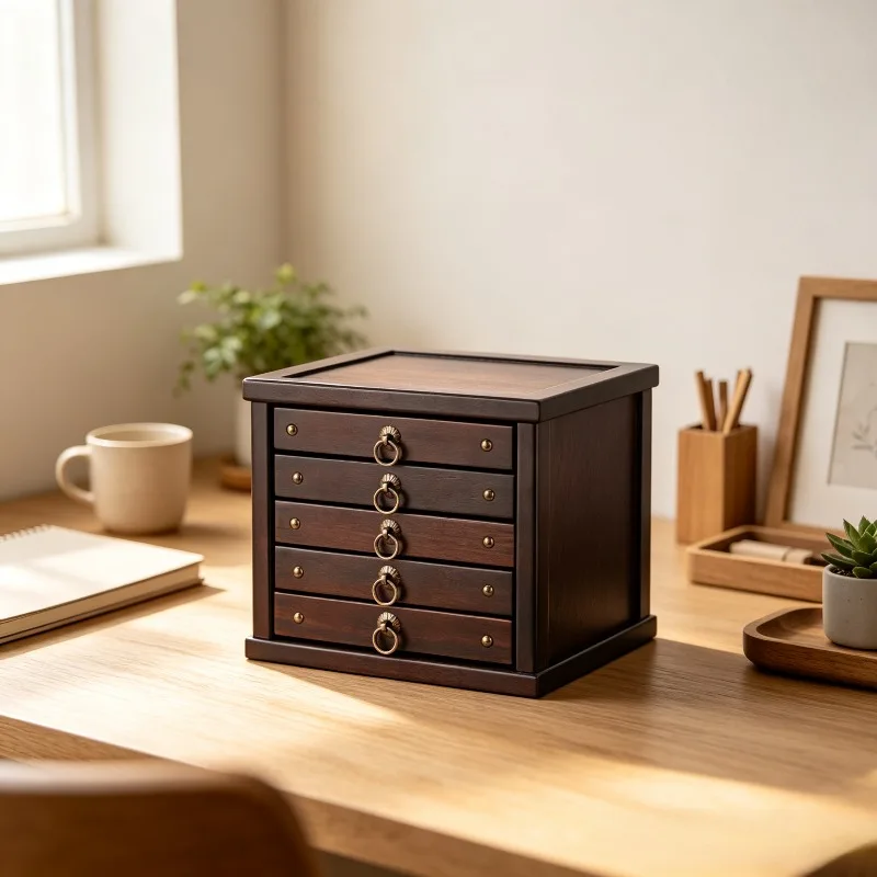 Rosewood Pu-erh Tea Cake Box, Multi-layer Storage Case with Drawer Tray, Organizer Cabinet for Tea Leaves, Bamboo Serving Plate.