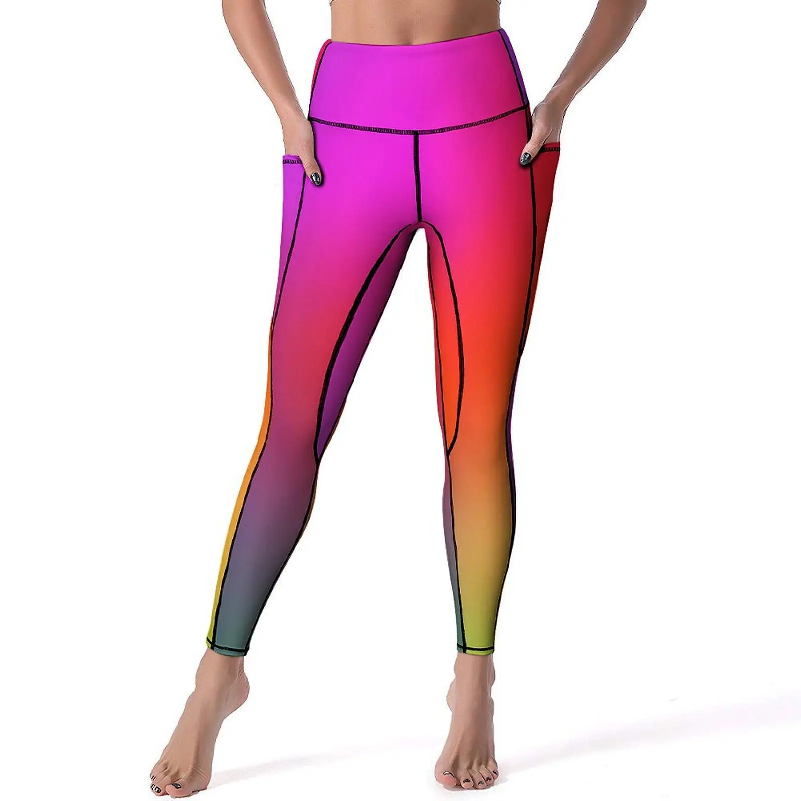 Leggings arcobaleno astratti Pantaloni da yoga da palestra con stampa sfumata sexy Pantaloni sportivi elasticizzati a vita alta Tasche Leggins modello elegante