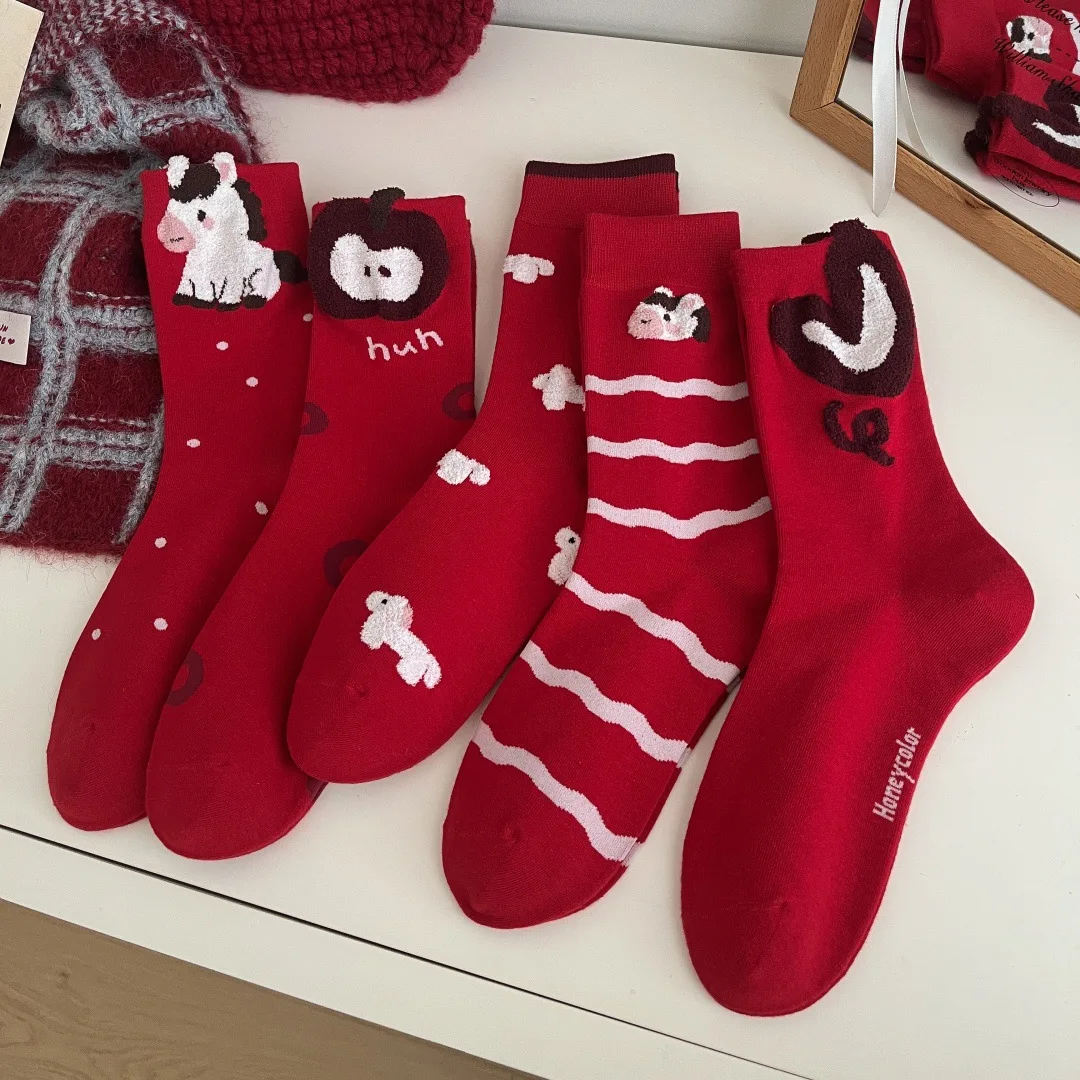

Red Horse Socks for Woman Santa Claus Snowman Christmas Socks Kawaii Cartoon Animal Girl Wife Gifts