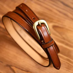 2023 Handmade Leather Women's Thin Belt Hong Kong Style Denim Casual Genuine Leather All-match Commuting Soft Belt Copper Buckle