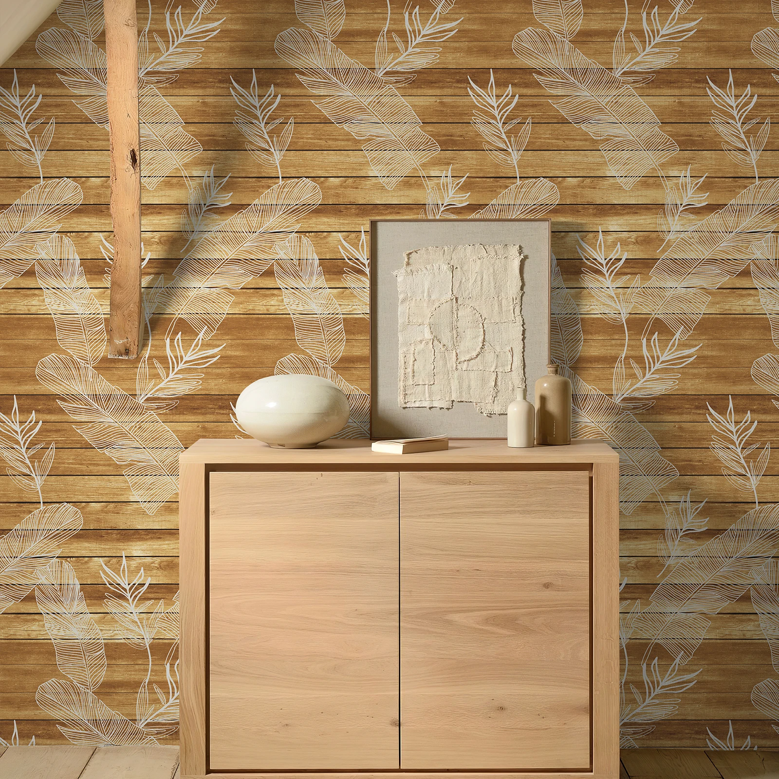 Żółta tekstura drewna z białymi liniami liści Samoprzylepna tapeta winylowa do salonu Wodoodporne naklejki