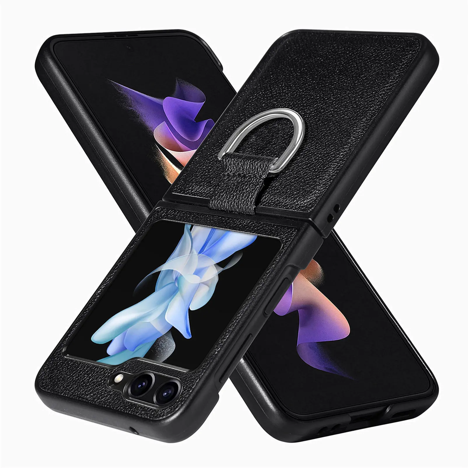 Black Leather Cover for Samsung Galaxy Z Flip 7 FE 5G Flip4 Flip6 Flip7 Flip 6 5 3 4 Flip3 Flip5 Ring Holder Phone Case Coque