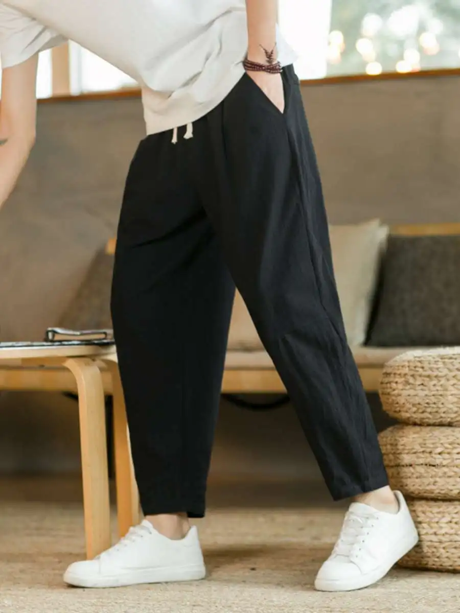 

Летние льняные мужские повседневные хлопковые льняные брюки, свободные корейские прямые брюки с девятью точками, удобные дышащие длинные брюки