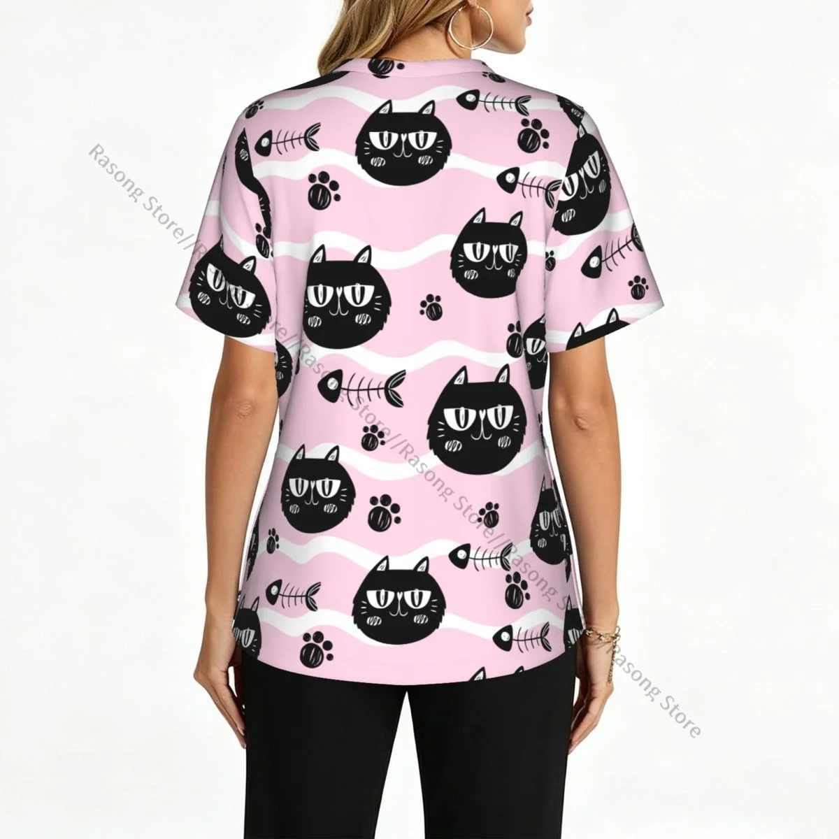 Women Scrubs Blouse Medical Nurse V-neck Clinical Scrubs Top Cats Fishbones Pink Operating Room Work T-shirt