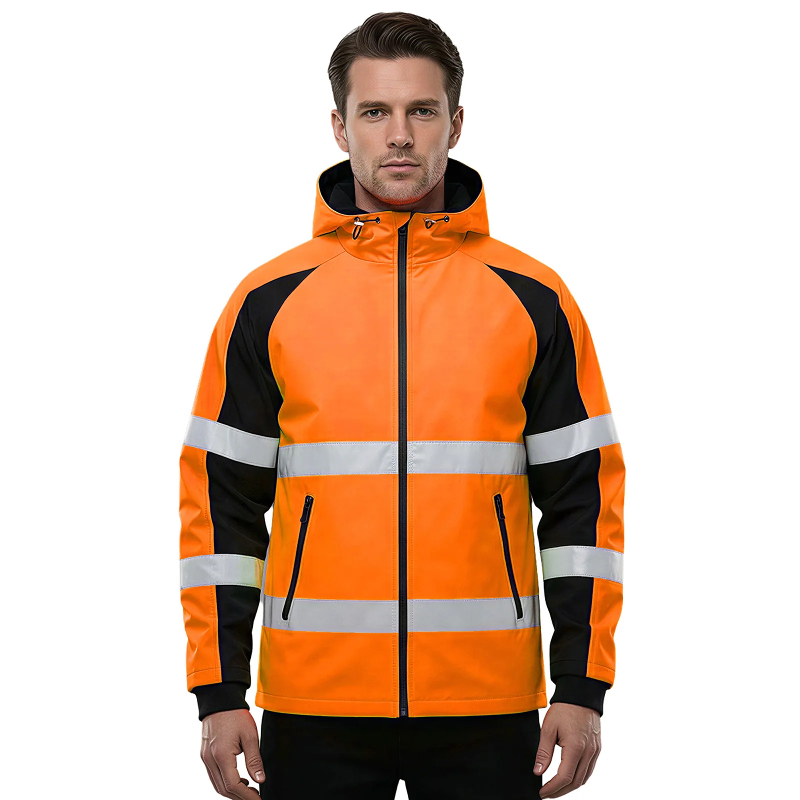 

Men Fashion Shiny Hooded Jacket Working Coat with Zip-Up Pocket for Construction Site Warehouse Traffic Control Workshop Outwear