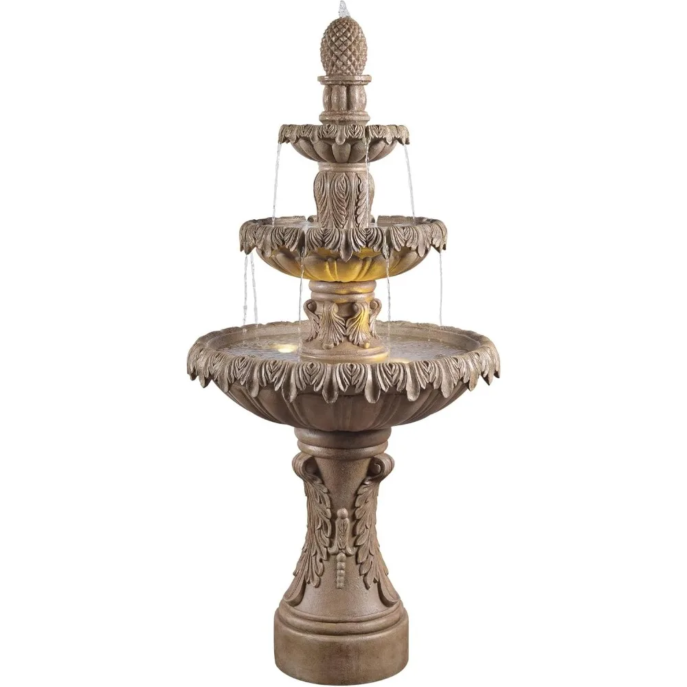 

62 High Large Italian Outdoor Decor Sand Stone Floor Fountain with Light LED Waterfall 3-Tier Standing Basin Water Feature