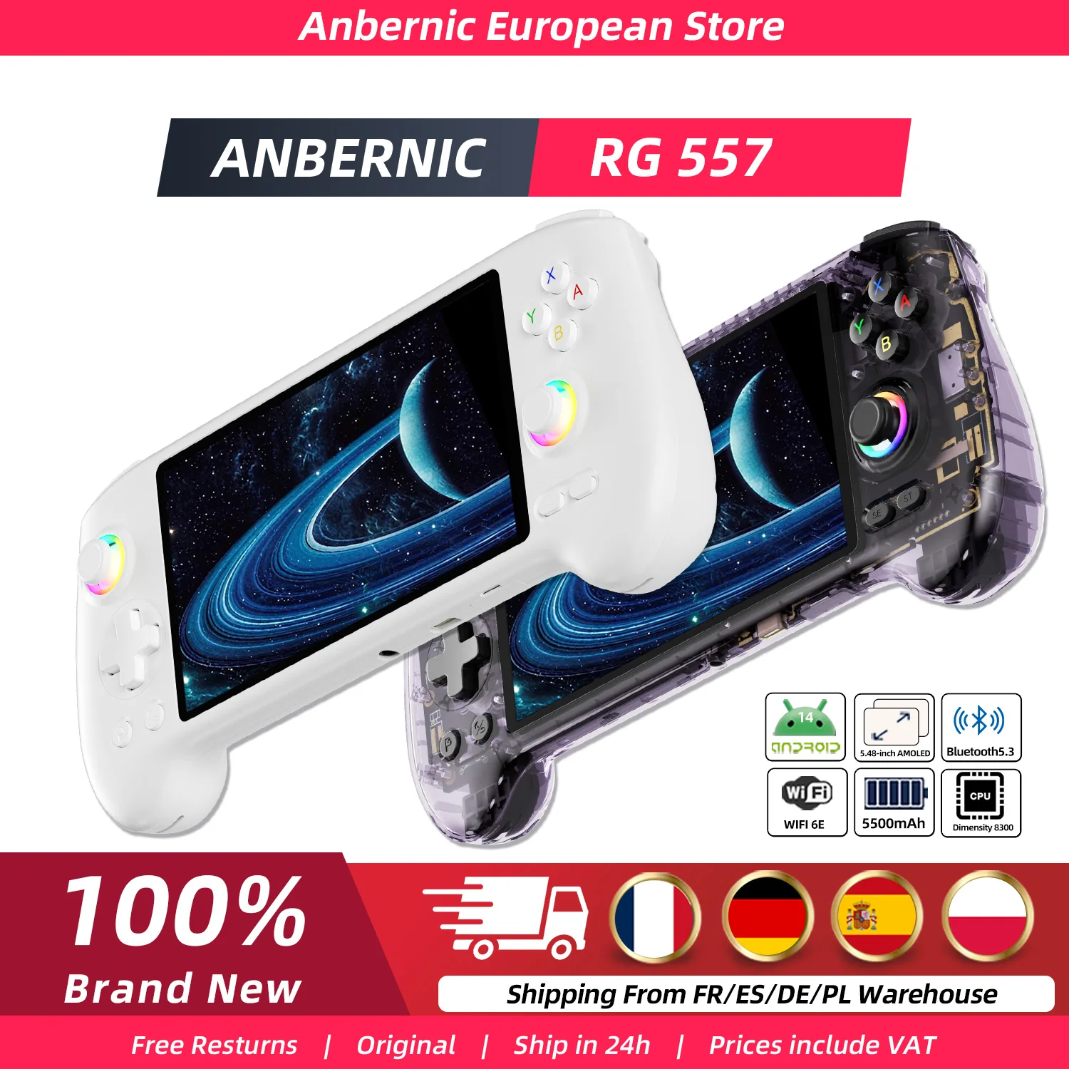 ANBERNIC – Console de jeu vidéo portable rétro RG557, Android 14, écran AMOLED de 5.48 pouces, intensité d'éclairage rvb, batterie 8300 5500mAh