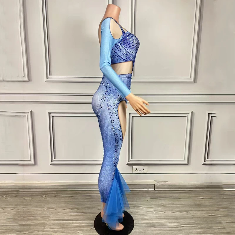 ピンクブルーラインストーン偽漏れデニムプリントジャンプスーツ女性ゴーゴーダンス衣装バーナイトクラブ Dj Ds ドラッグクイーン衣装 XS8096