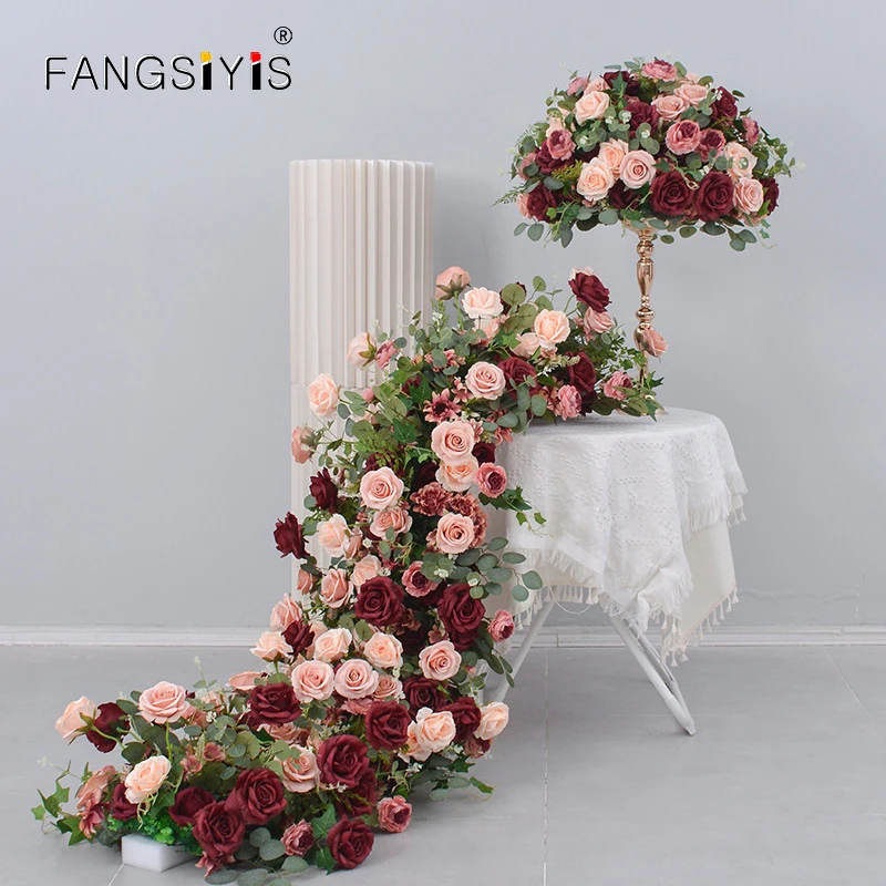 

Retro Style Artificial Flowers For Wedding Decoration Long Runner Flower Row Road Leading Flower Ball Floral Table Centerpiece