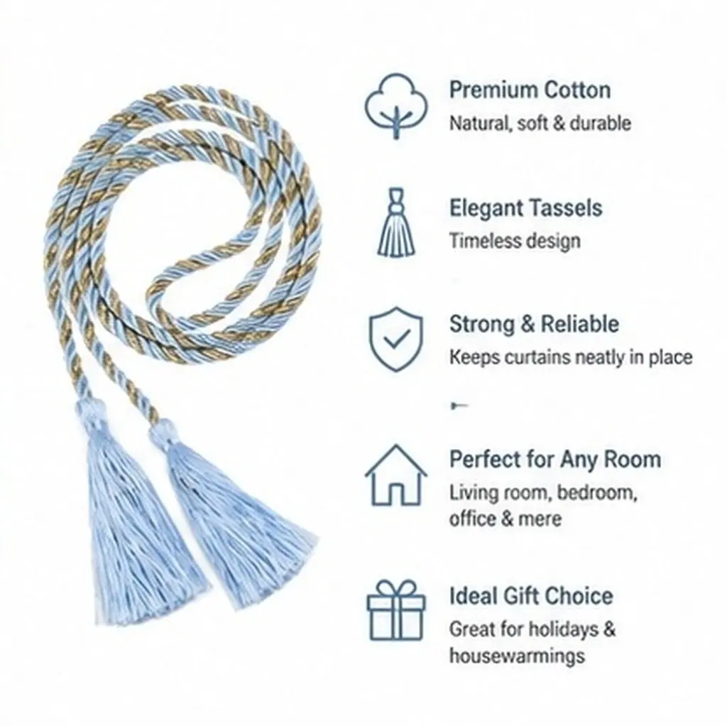 2Pcs Premium Cotton Curtain Tiebacks with Elegant Tassel Design for Drapes Hold Home Office Living Room Bedroom Decor Gift