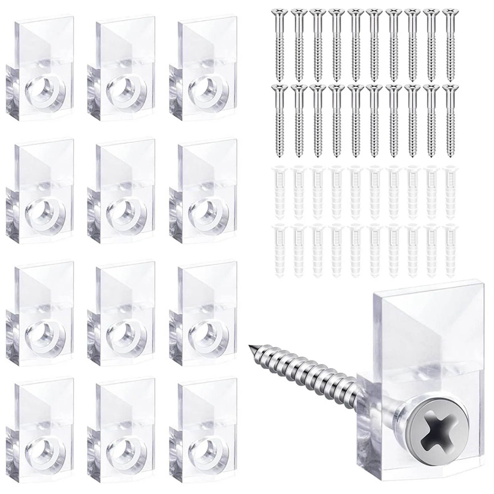 20x Mirror Holder Clips with Complete Mounting Kit for Glass Panels Up to 1/4 Inch Thickness on Solid Surfaces