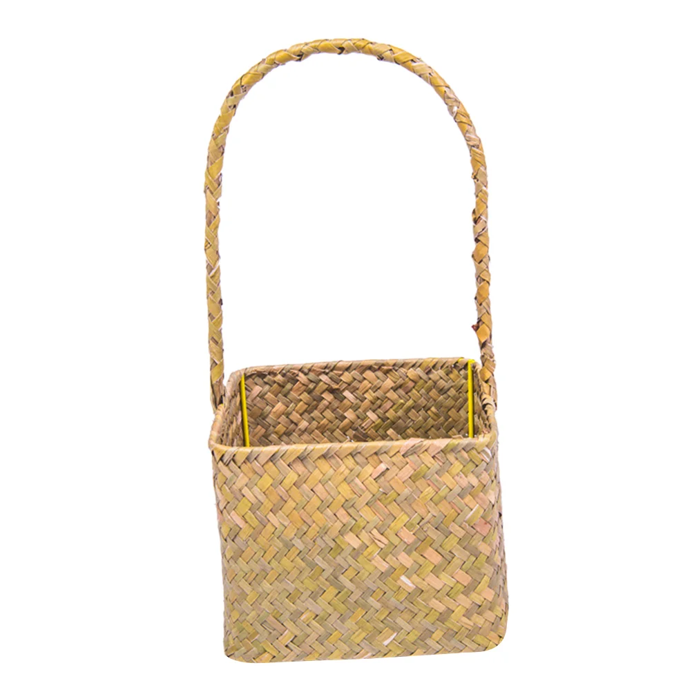 Wedding Flower Basket Straw Woven Storage Weave Seaweed Portable Wooden Decorative Container