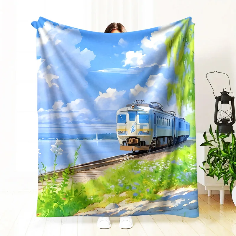 1pc Vintage Railway Train Blanket - Soft All-Season Cozy Throw with Sleeping Cars & Tracks Design, Blue & Green Landscape