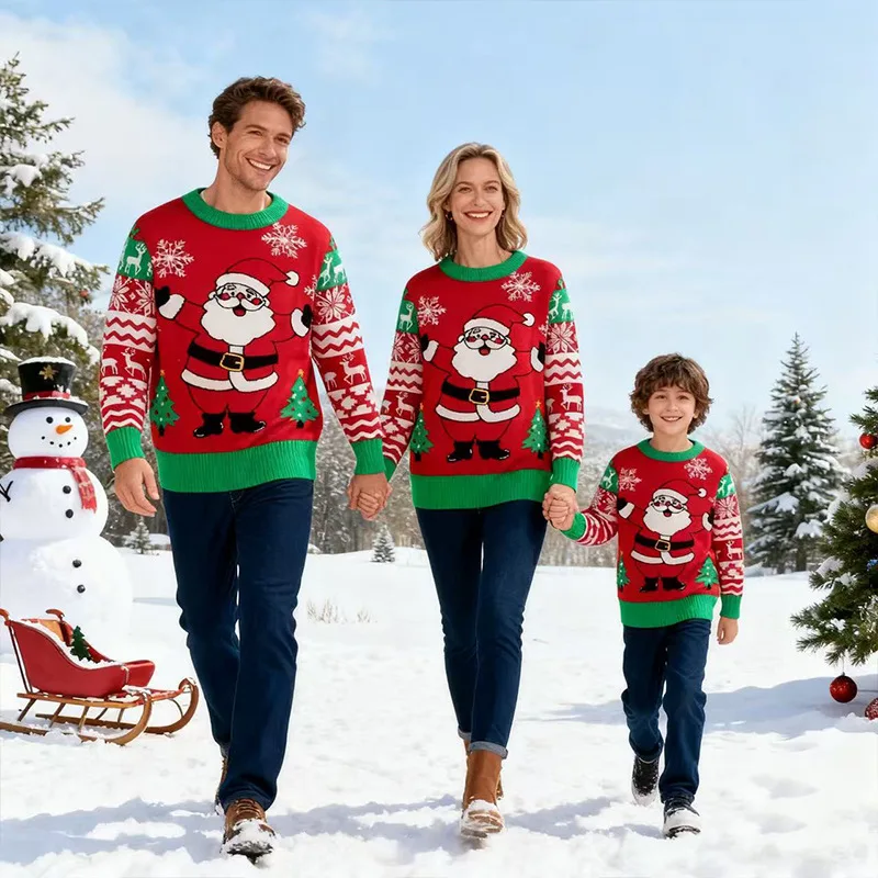 جديد عيد الميلاد الأطفال السترة الوالدين والطفل الزي الرجال النساء سانتا كلوز الأسرة موضوع حفلة الكرتون المطبوعة محبوك سترة #2