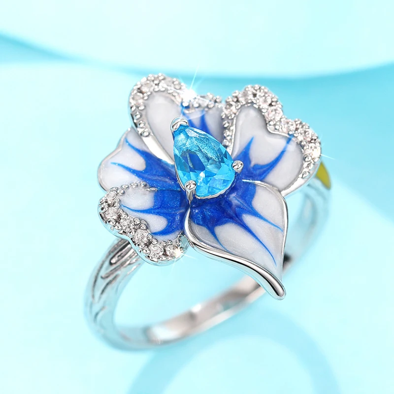 Huitan, diseño único de flor azul esmaltado, anillos para mujer, pera, cielo azul, CZ, anillos estéticos para mujer, joyería elegante para fiesta de boda para mujer