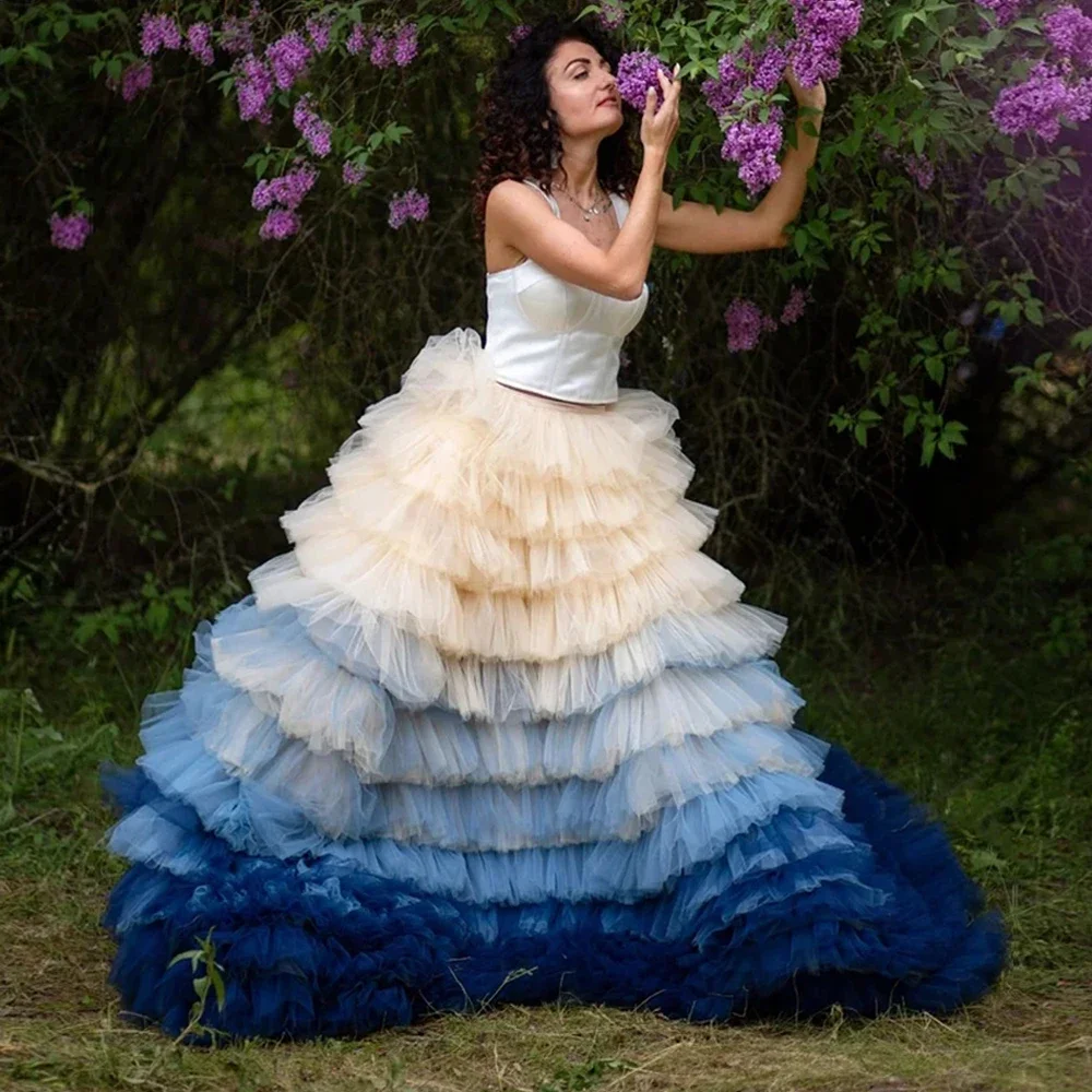 Saias de casamento em camadas femininas, Vestidos Extremantes, Vestido de Noivado, Saia Longa, Ombre Cor Azul, Couture Casamento