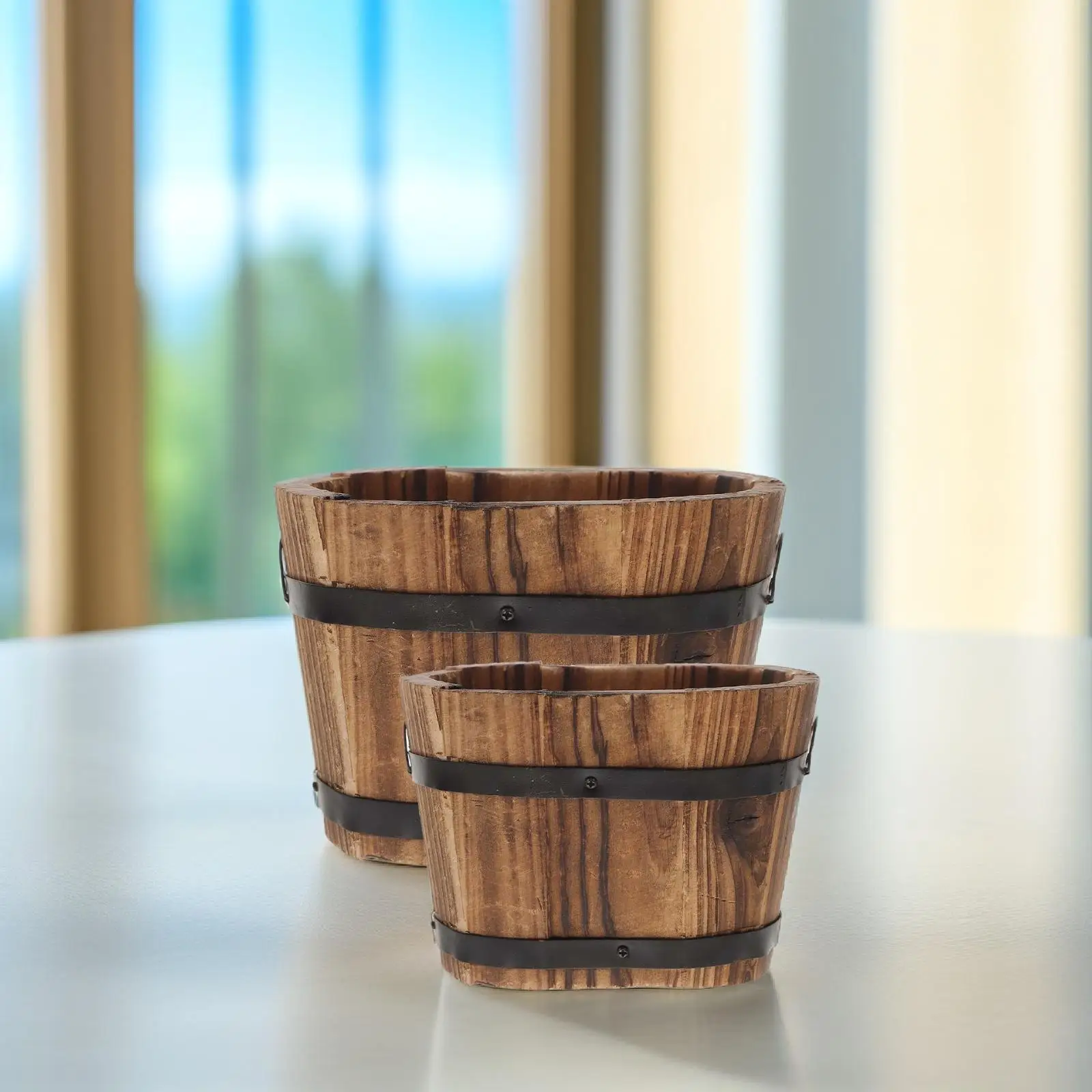 2 قطعة أواني الزهور الخشبية المتفحمة الرجعية البيضاوي الصغيرة المتوسطة المزارعون لأعشاب الصبار حديقة في الشرفة صناديق زراعة خشبية ساحة #6