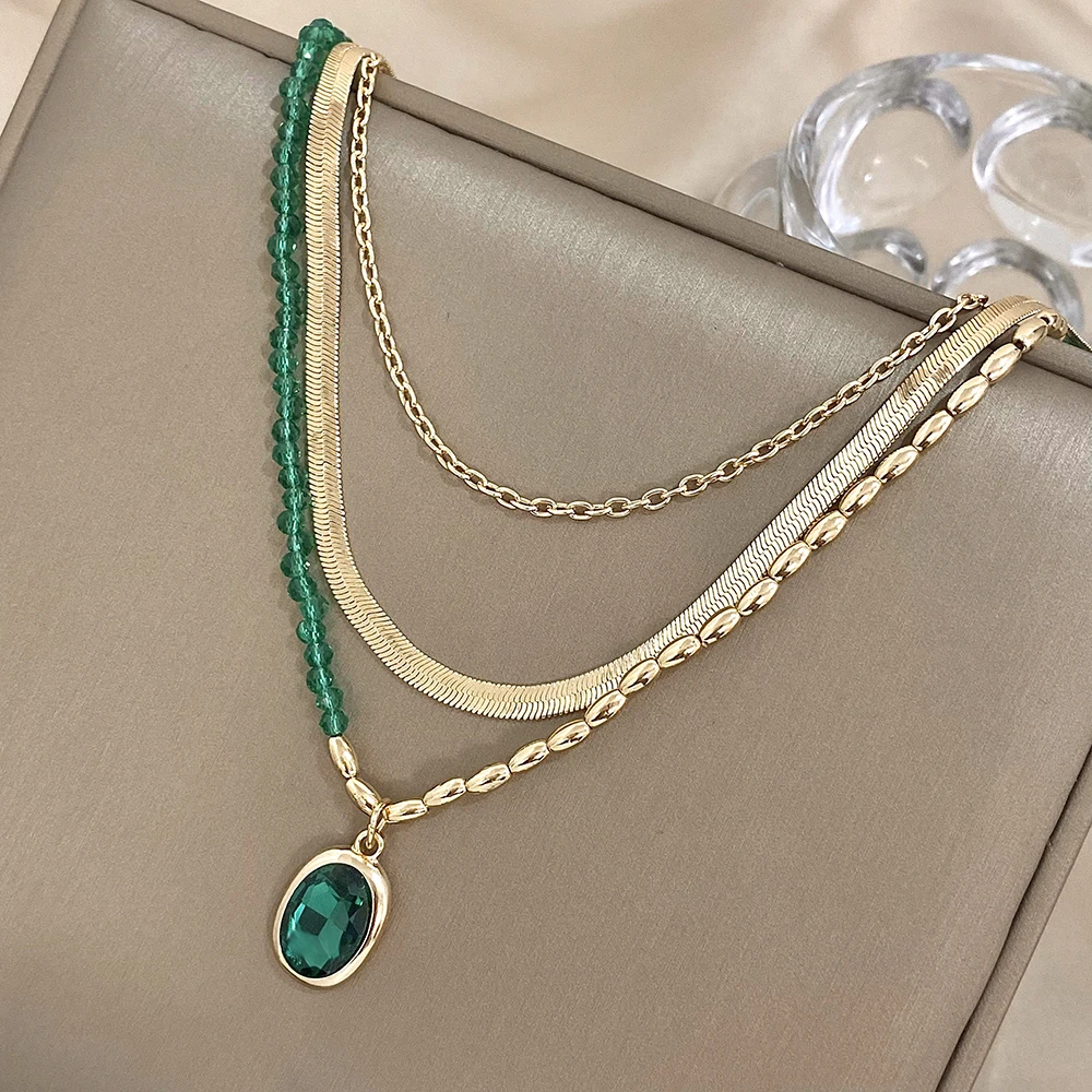 Boho 3 Layer Beads Metal Chain Green Crystal Pendant Necklace For Women Vacation Jewelry