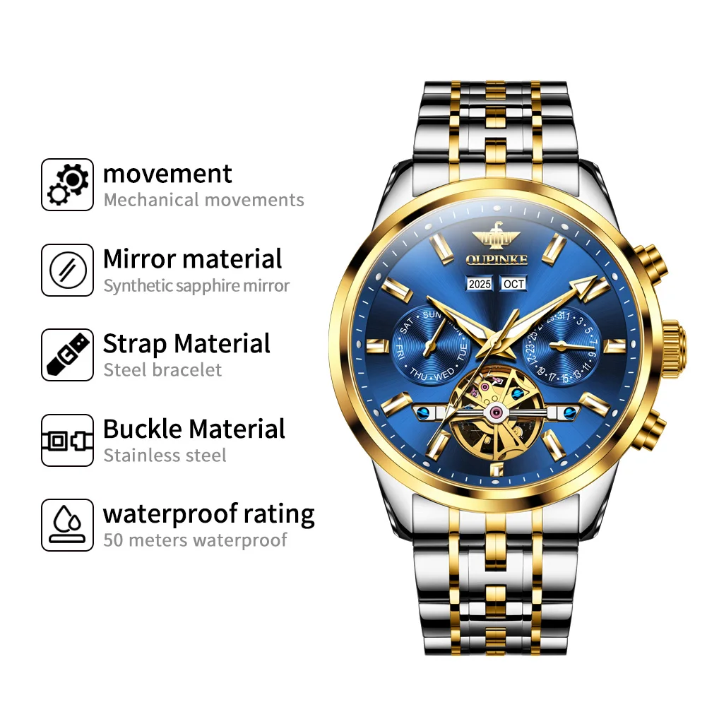 OUPINKE 3296 Mens Watch Flywheel Automatic Mechanical Watch 50M Waterproof Week Date Watches For Man High Quality Luxury Box