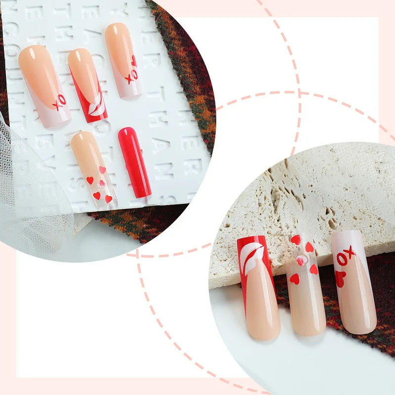 24개 레드 하트 키스 발렌타인 데이 프렌치 롱 래더 프레스온 재사용 가능 네일 팁 (여자친구 및 친구에게 적합)