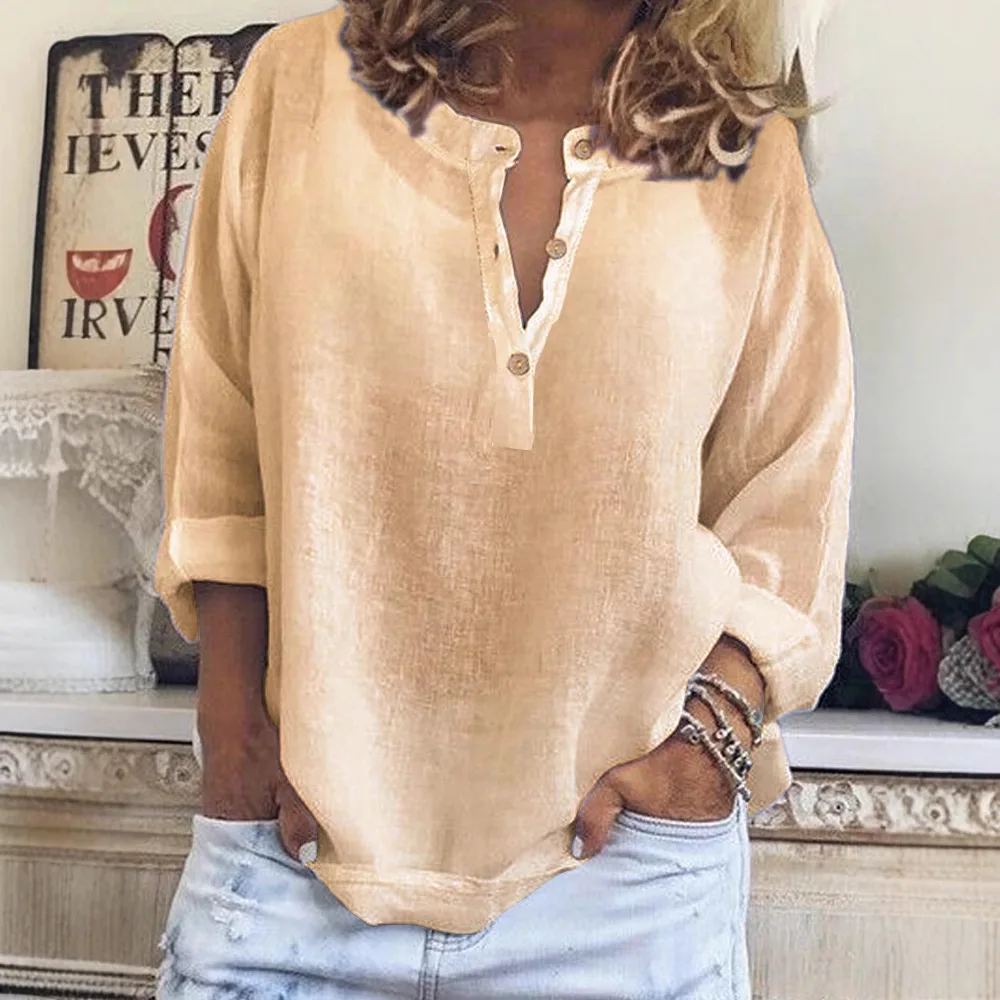 New Spring and Autumn Women's Long Sleeve Blouse Fashion Solid Color Casual Button Loose V-Neck White Shirt For Female - view 3