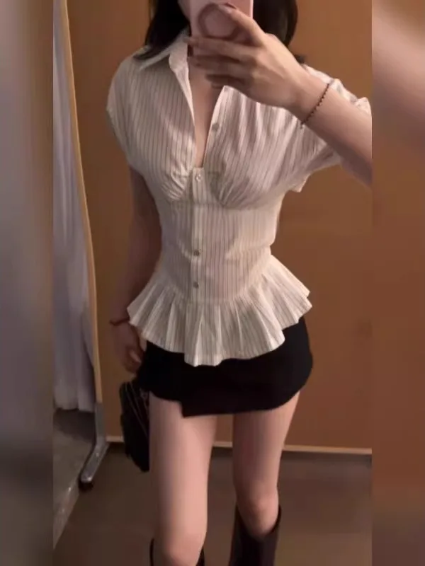 

plus Size Korean Striped Belted Backless V-Neck Shirt Women Spring Summer Slimming Sexy Spicy Girl Top Commute Style Short Sl...
