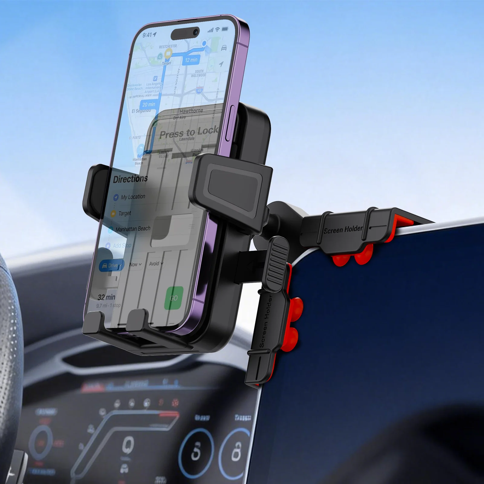 Auto Lock Car Monitor Phone Mount Screen Side Display Clip Holder for 4 To 7 Inch Smartphone Multi Angle Adjustable Brackets