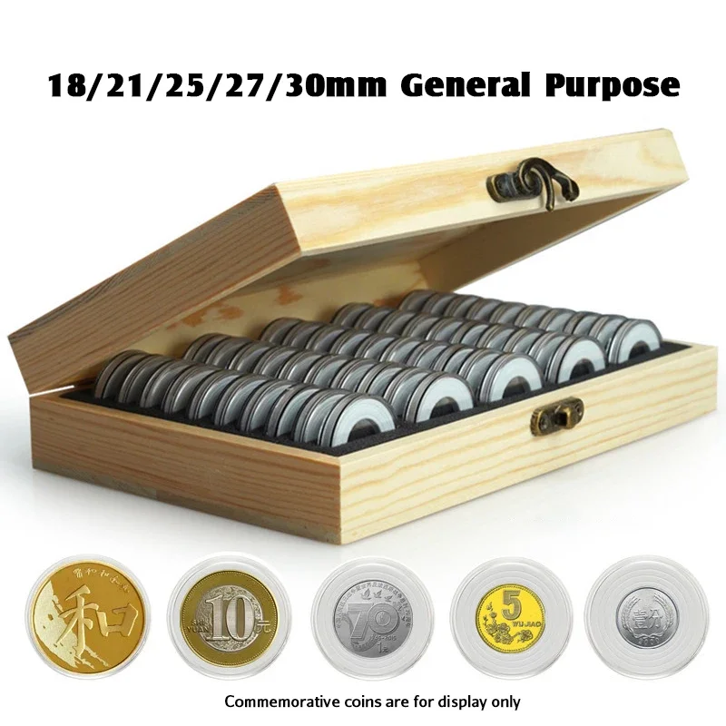 

Coins Storage Box 50/100Pcs with Adjustment Pad Adjustable Antioxidative Wooden Commemorative Coin Collect Case Holder Capsules