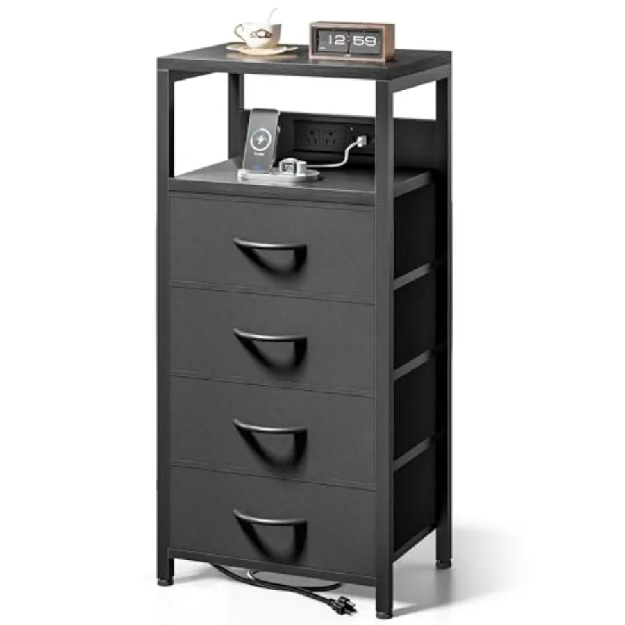 

NightStand Bedside Charging Table Bedroom - Night Stand with Charger Station Modern Bed Side End Table with Open Shelf and Fabr