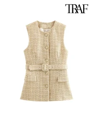 TRAF-Women's Tweed Waistcoat with Belt, O Neck, Sleeveless, Front Button, Female Outerwear, Chic Tops, Fashion