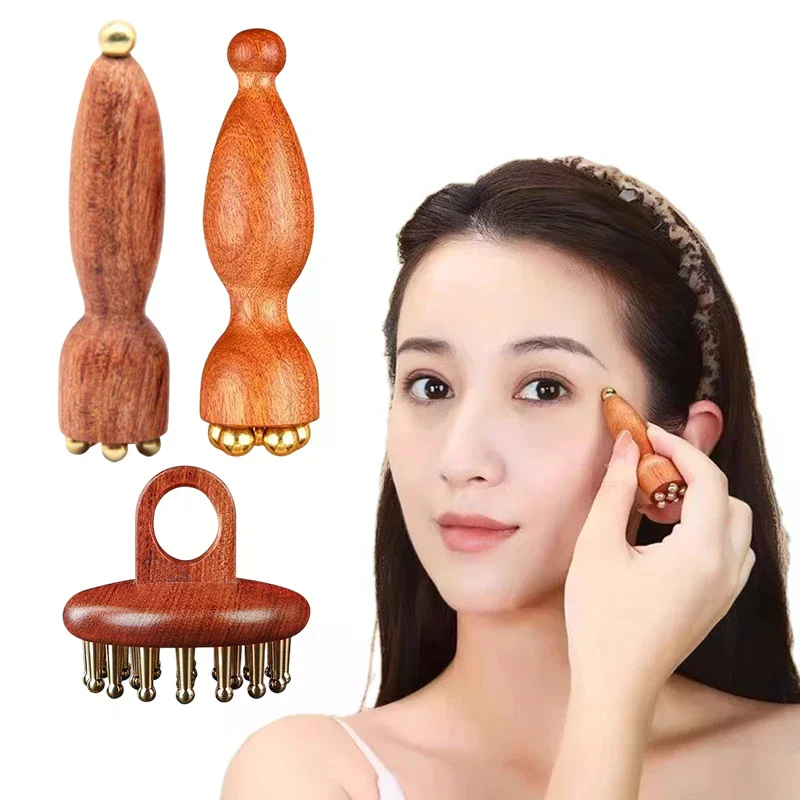 

Professional Lotus Seedpod Beauty Brass & Rosewood Facial Gua Sha Tool Eye Relaxation Spot Meridians Acupoint Massage Handheld