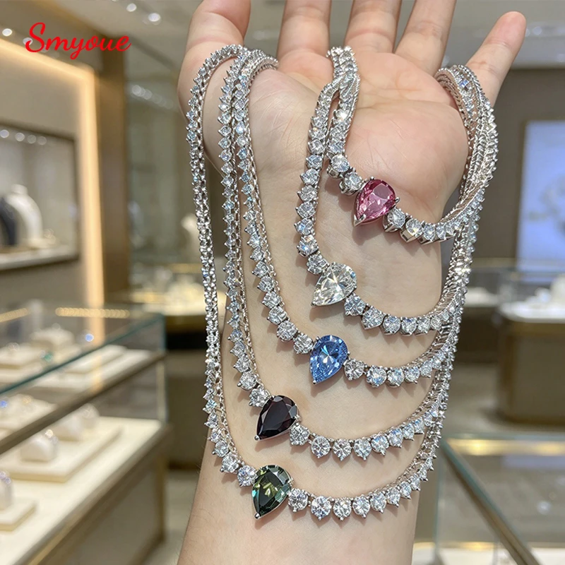 Smyoue Water Drop Moissanite Tennis Necklace for Women Female Choker Chain Gradient Round Stone Real S925 Silver Full Diamond