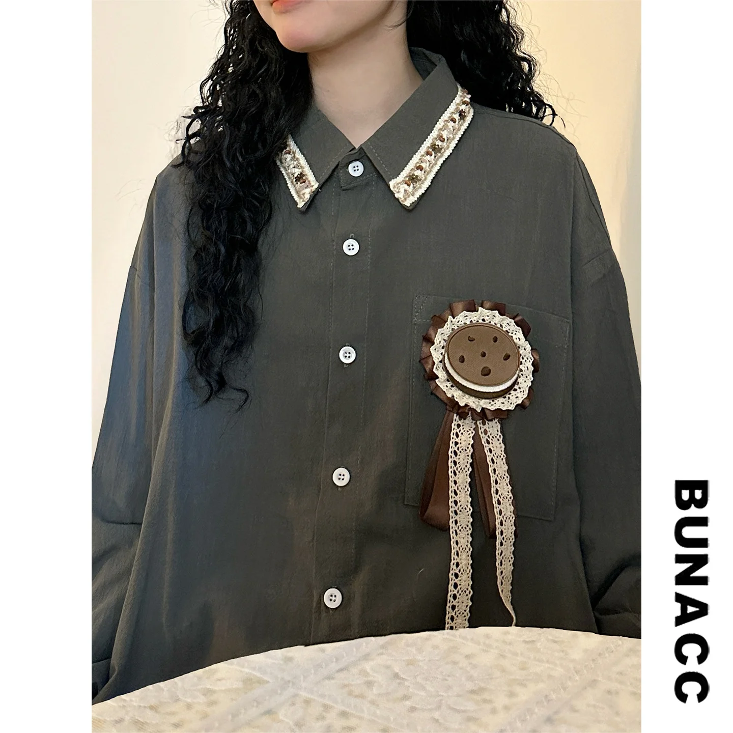 

Retro College Sle Patchwork Collar Long Sve Women's irt Lace Trim Decoration Spring 2026 BUNACC2026 Daily Wear