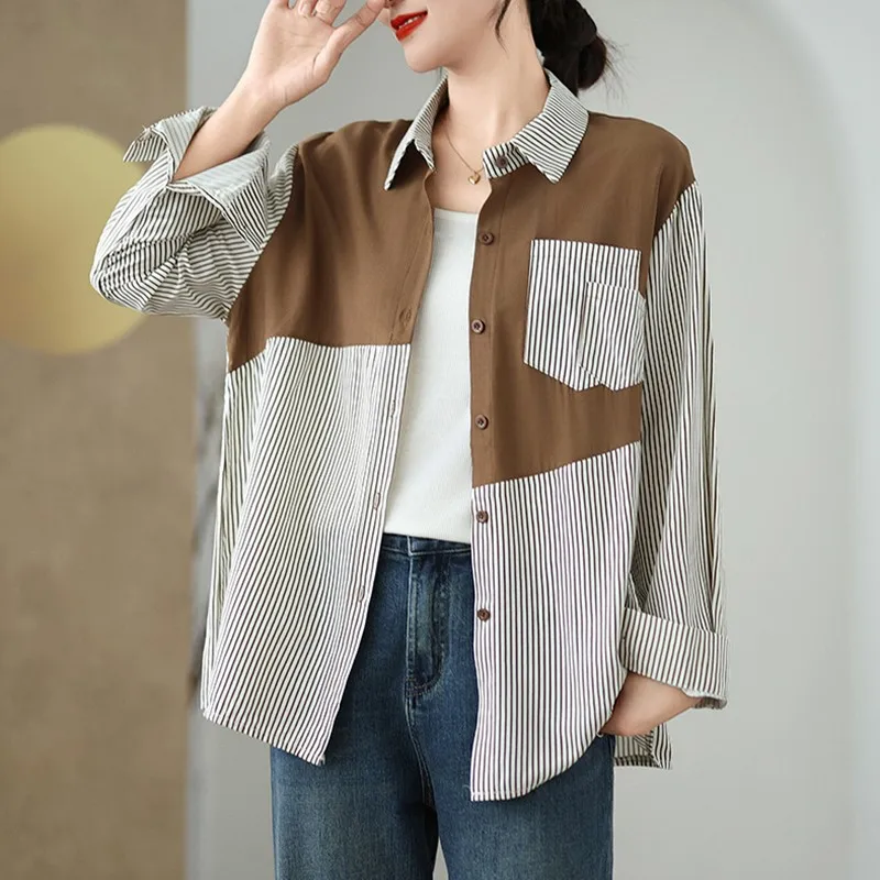 Frauen Langarm Casual Shirt Neue Ankunft 2024 Herbst Einfache Stil Patchwork Gestreiften Lose Weibliche Grundlagen Tops Shirts B3950