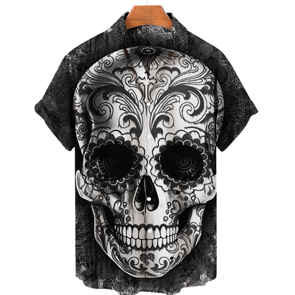 

2024 Summer Retro Skull Print Hawaiian Lapel Thriller Hip Hop Oversized Short Sleeve Punk T Shirt Men