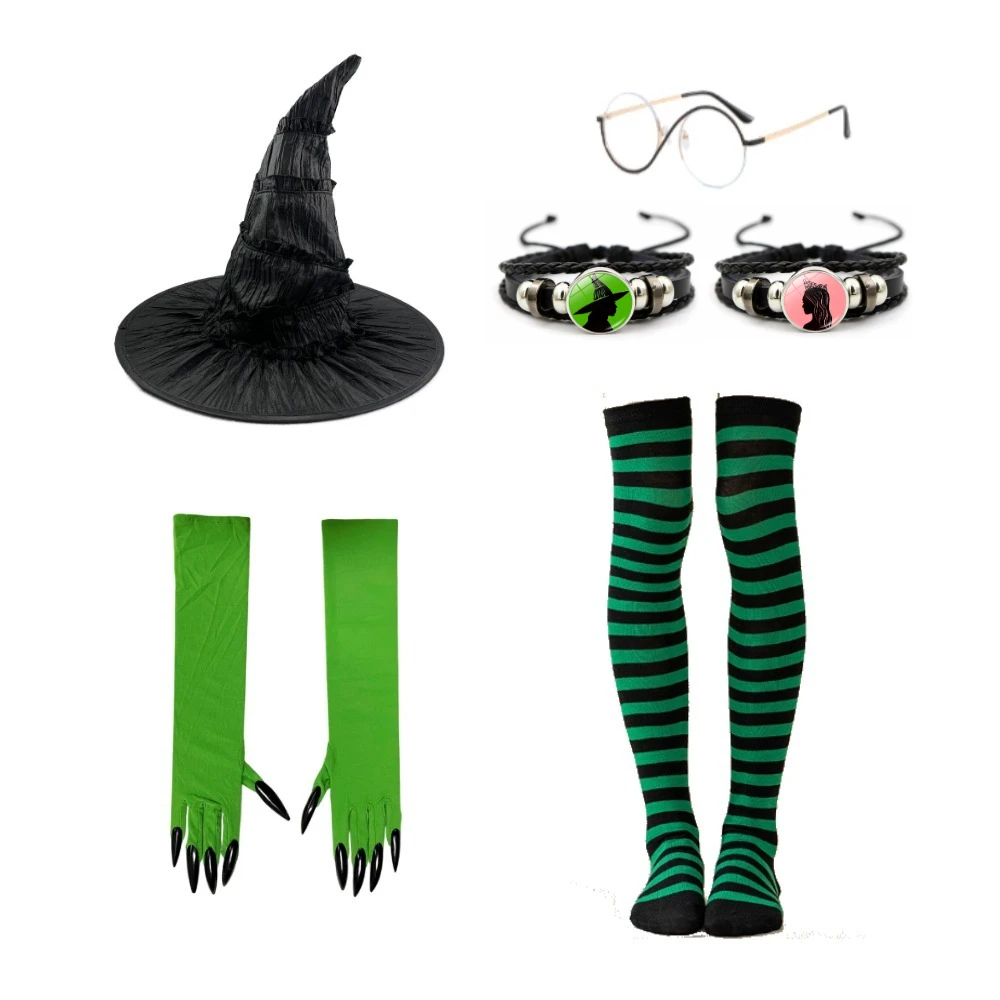 

Elphaba Glinda Witch Hat Costume Accessories Glasses Green Gloves Striped Stockings Bracelet Adult Halloween Cosplay for Party