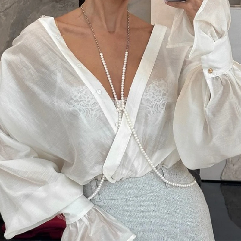 

Новая весенняя милая элегантная свободная офисная блузка с отложным воротником и рукавами-фонариками, женский топ