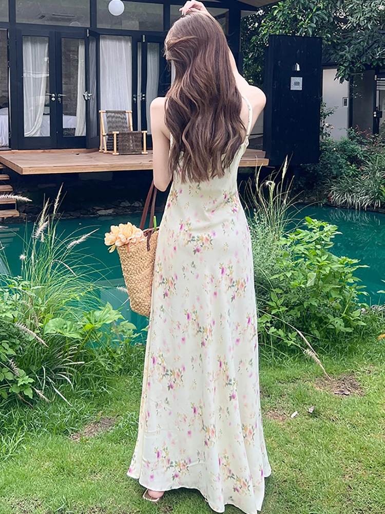 Mulheres estilo praia floral com decote em v sexy estilingue vestido de verão elegante casual vestido de férias 2025 nova moda coreana vestidos maxi de luxo
