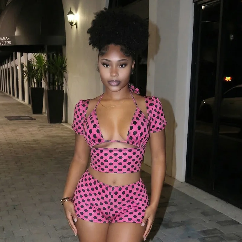 

Polka Dots Print Summer Vacation Beach 3 Piece Set Women Sexy Lace Up Halter Bra + Short Sleeve Crop Tops + Shorts Casual Suits