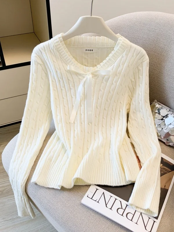 

Ele V-Ne White Knitwear for Women with Knot Lazy Sle Autumn Winter Faion High-End Feeling Long Sve Swe...