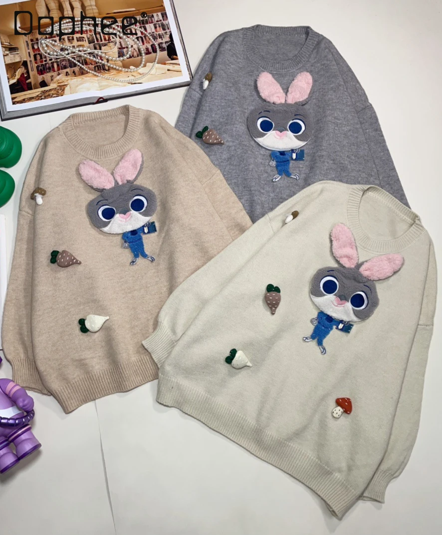 Long Sleeve Knitted Pullovers Autumn New College Style 3d Cartoon Sticker Loose Round Neck Female Student Drop Sleeve Sweaters