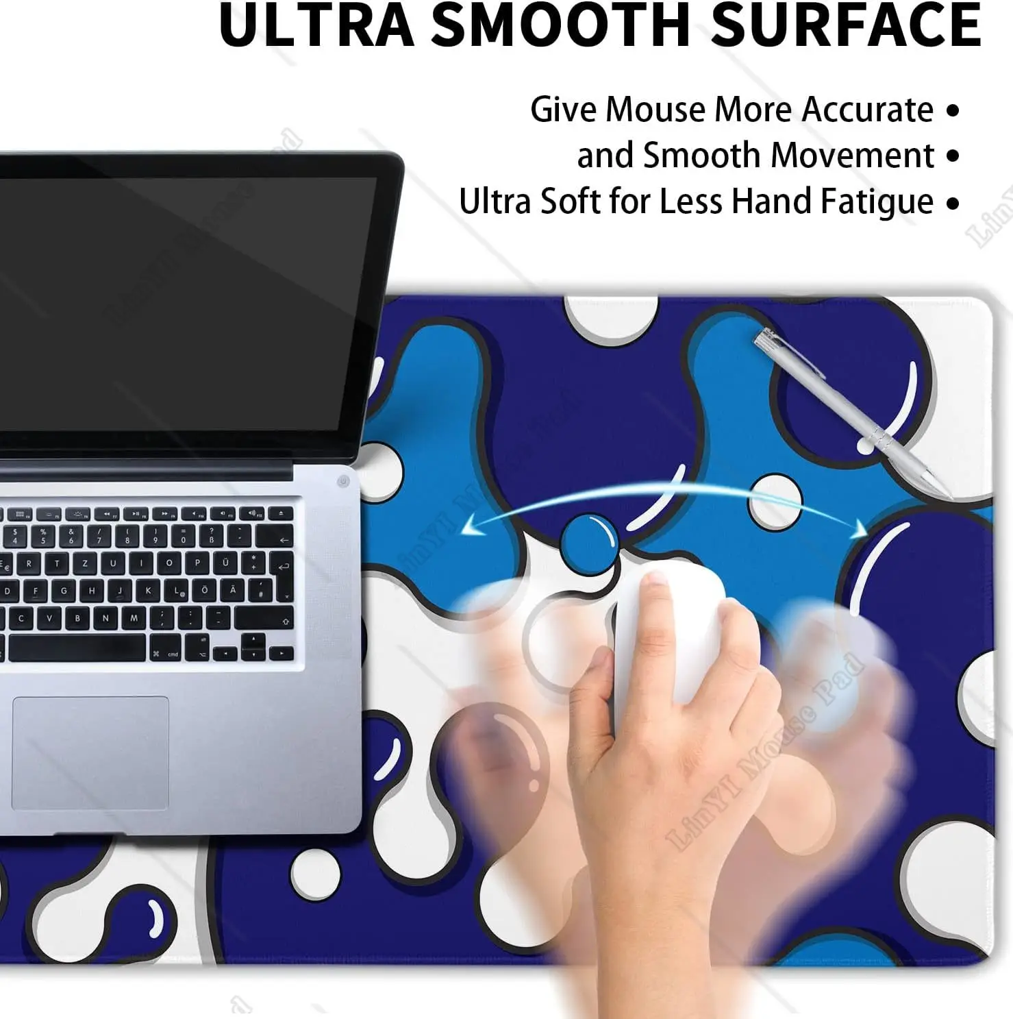 Navy Blue White Mouse Pad Cool Geometric Desk Mat Non-Slip Rubber Base Stitched Edge Large Mousepad for Laptop 35.4×15.7 Inch