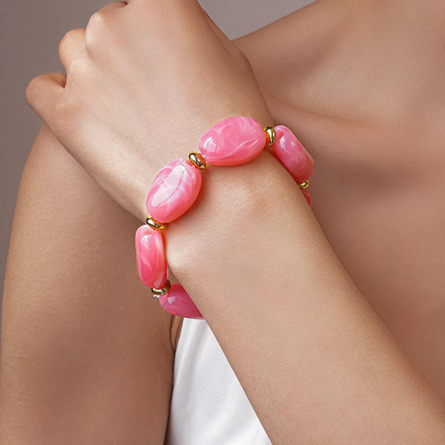 Trendige bunte marmorierte unregelmäßige ovale Perlen elastische Armbänder Boho Harz geometrische Perlen Armreifen Armband 2026 Modeschmuck – Detail 10