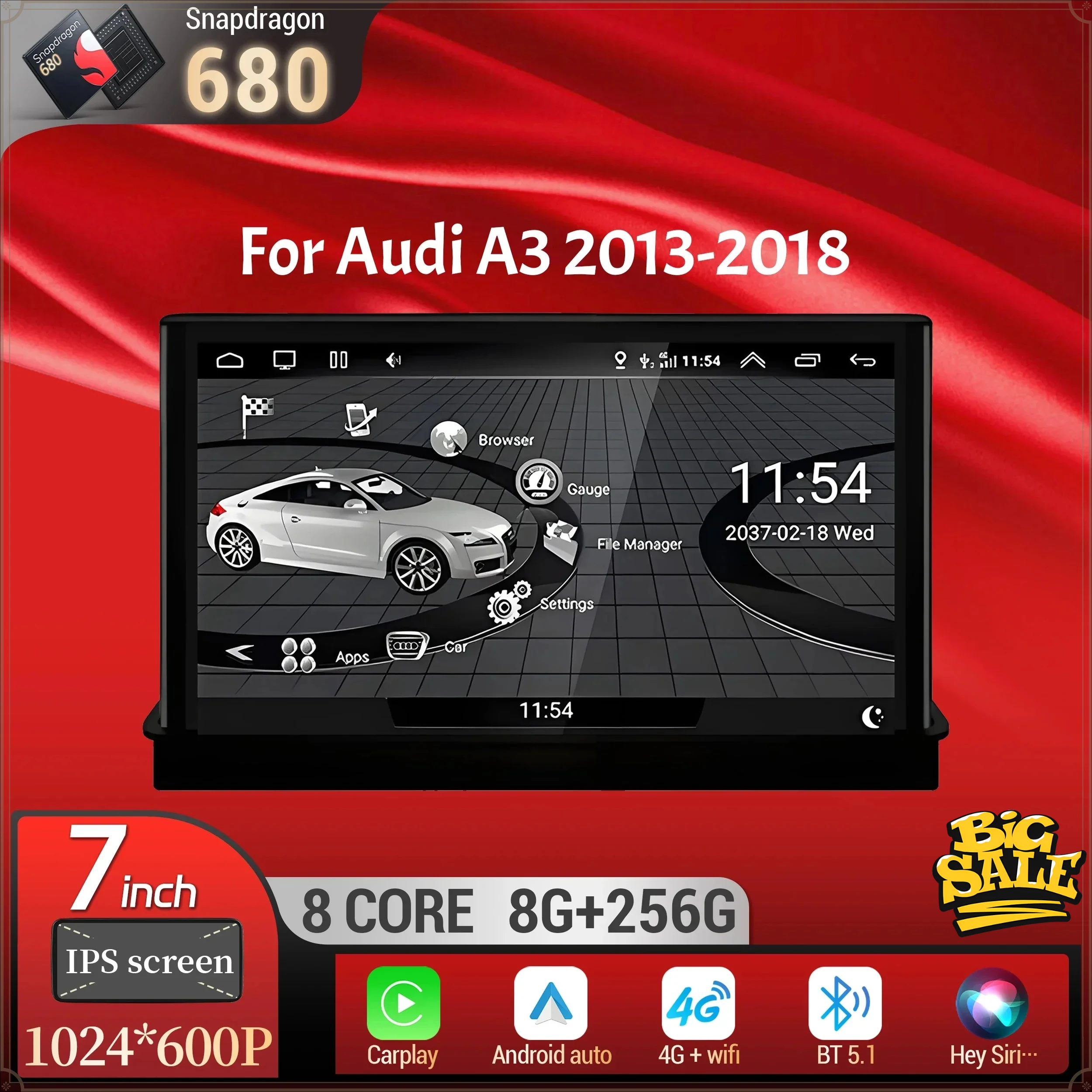 7 Inch for Audi A3 2013-2018 Android 14 Carplay Head Unit Wireless Bluetooth Touch Screen Stereo System with Snapdragon 680 Chip